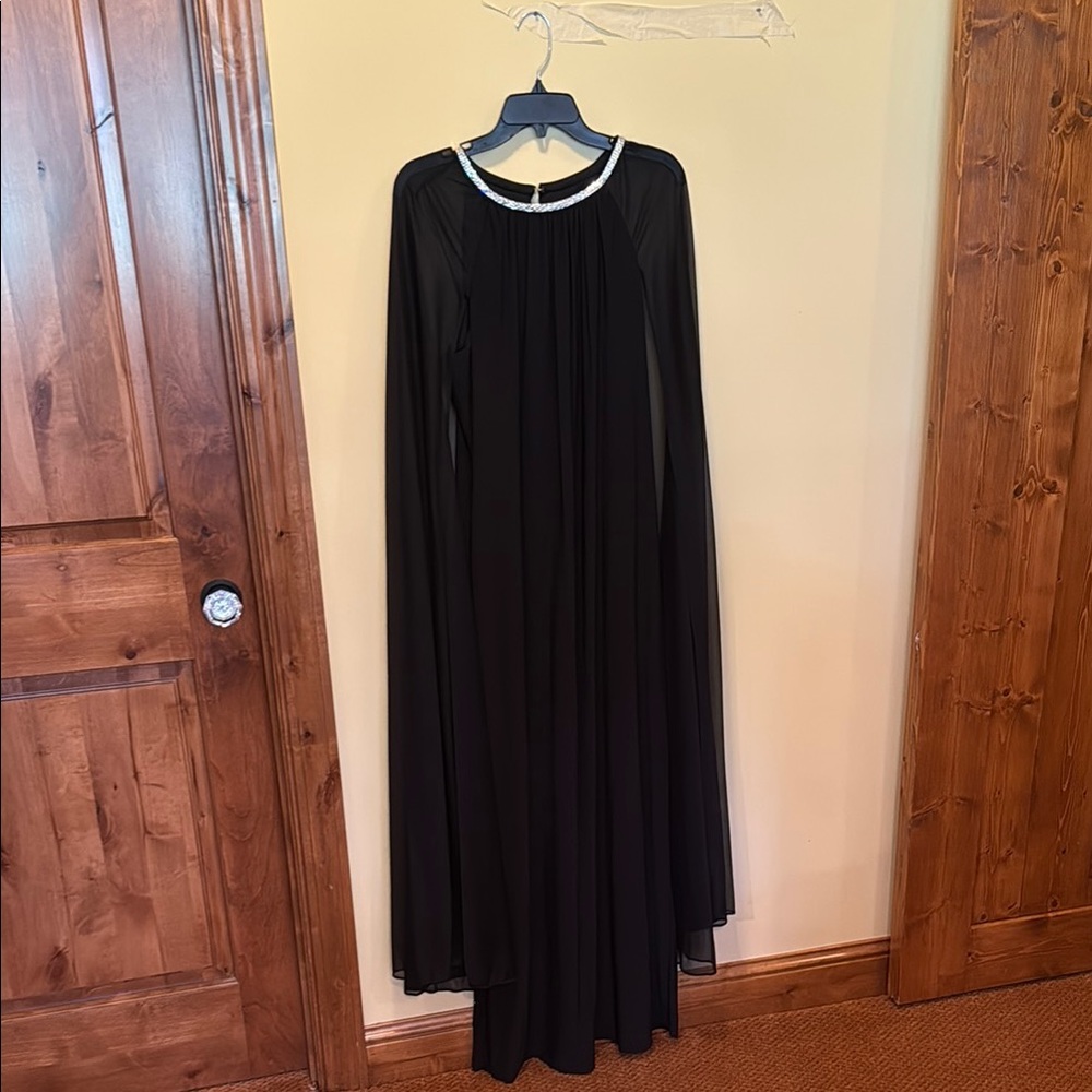 R & M Richards Black Embellished Sleeveless Gown with Cape